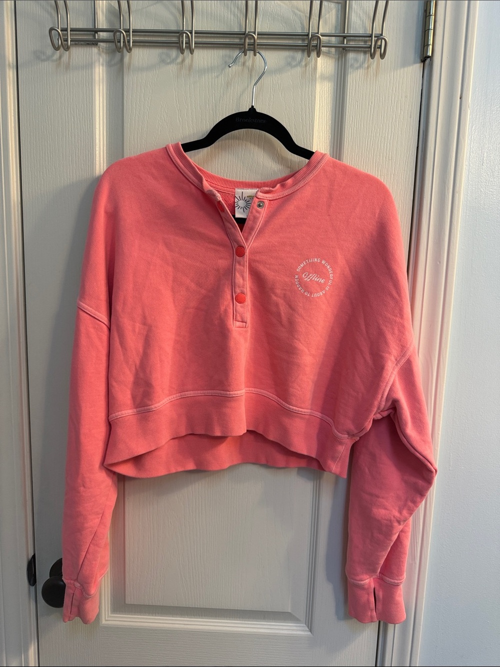 aerie Coral Pink Cropped Henley Sweatshirt